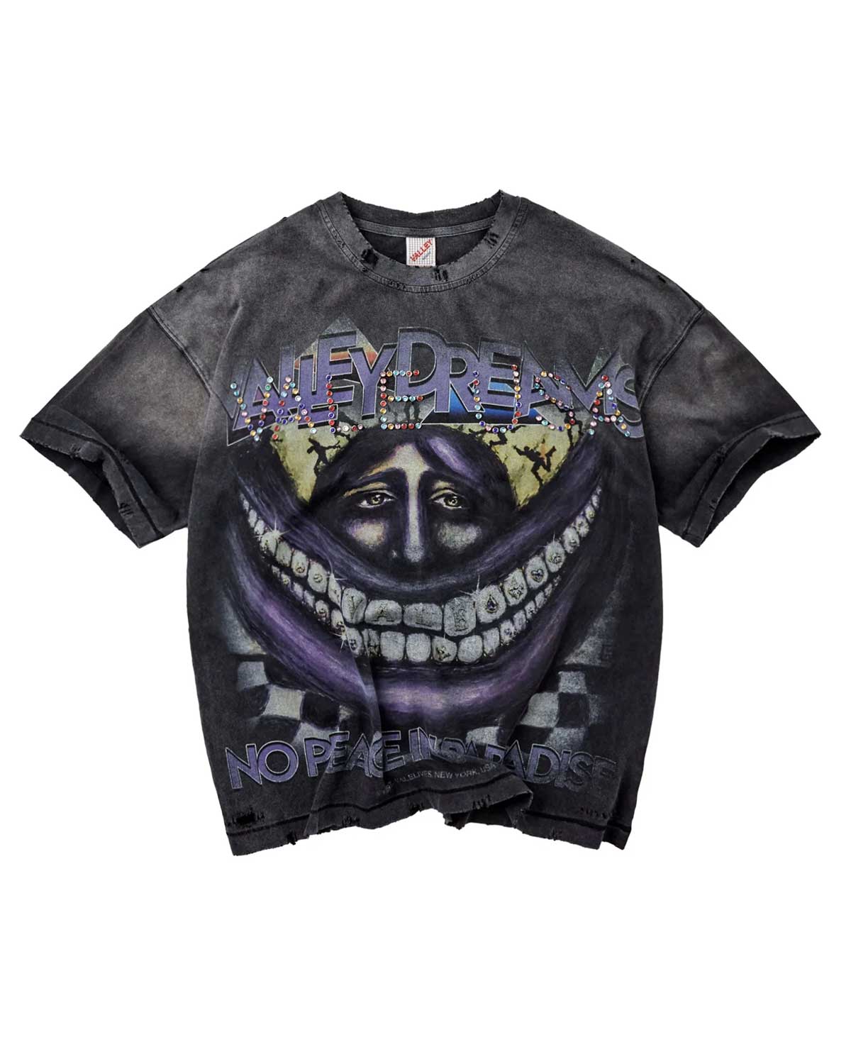Vale Forever Smiley Face Tee black, washed distressed tee with chrome VALLEY DREAMS lettering and purple grinning-face graphic, front view