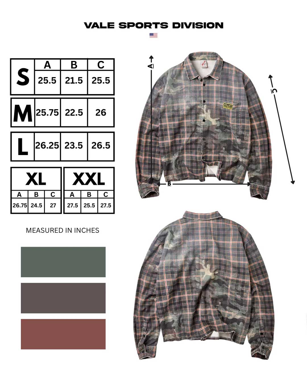 Vale Forever Soldier Overshirt Flannel green, size chart with measurements