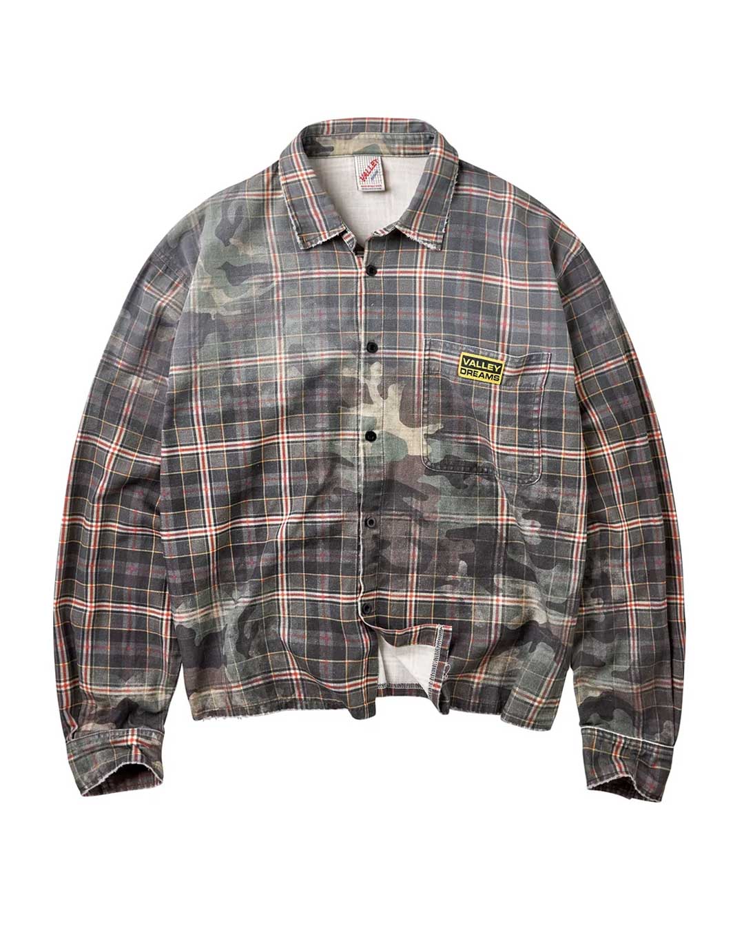 Vale Forever Soldier Overshirt Flannel green, plaid overshirt with camo overdye and chest patch, front view