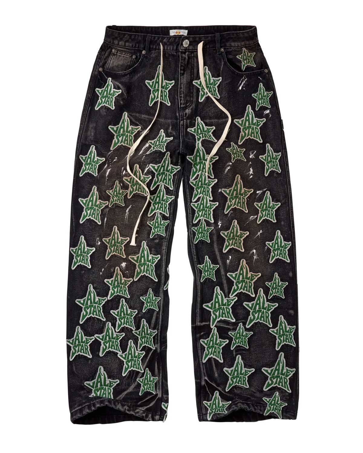 Vale Forever Starfall Denim Pants black, baggy denim with green ALL STAR patches, front view