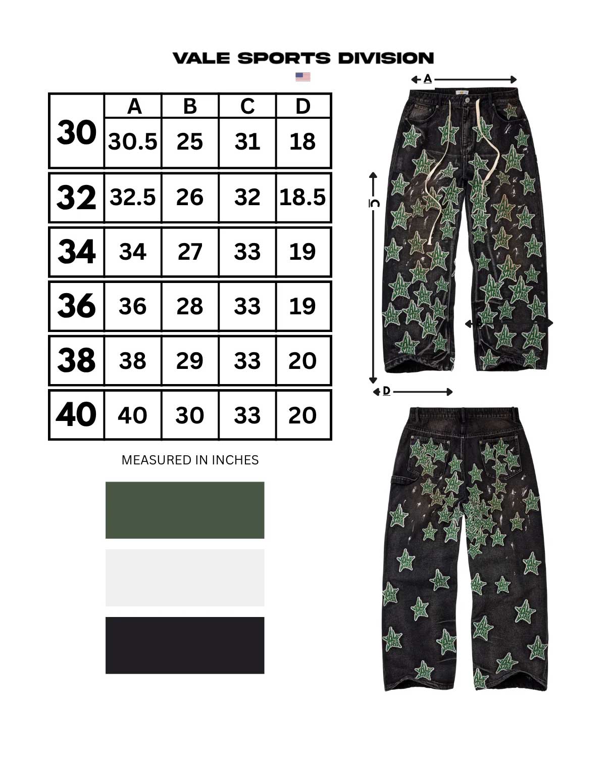 Vale Forever Starfall Denim Pants size chart, waist 30 to 40 measured in inches