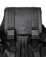 Vale Forever Tactician Backpack black, close-up of the embossed Vale script and buckle straps