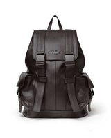 Vale Forever Tactician Backpack chocolate, pebbled leather flap backpack with twin buckle straps and side cargo pockets, front view