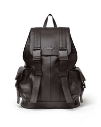 Vale Forever Tactician Backpack chocolate, pebbled leather flap backpack with twin buckle straps and side cargo pockets, front view