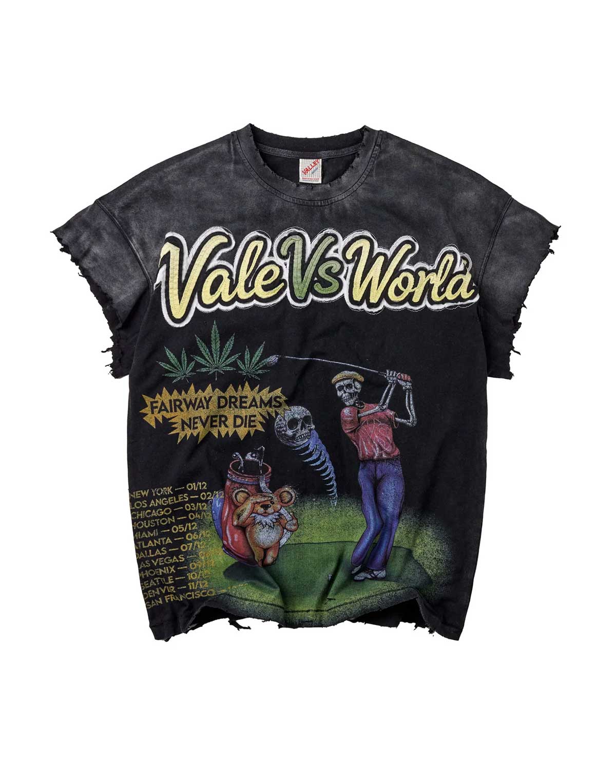 Vale Forever Tiger Hood Tank black, washed cut-sleeve tee with Vale Vs World skeleton golfer graphic and tour dates, front view