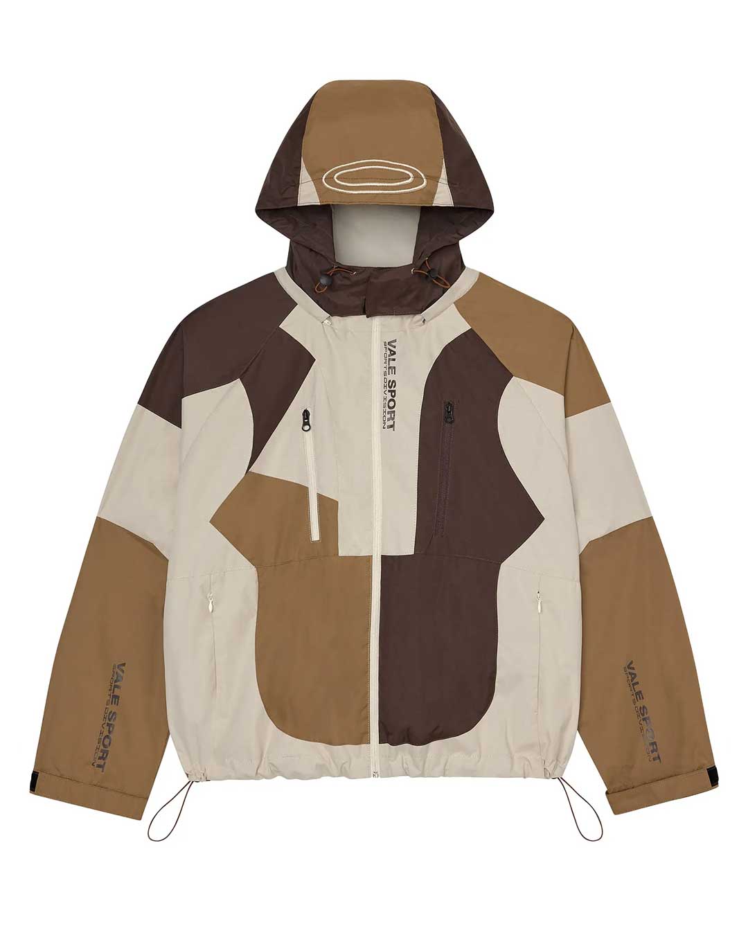 Vale Forever Touch Earth Jacket cafe brown, colour-blocked hooded nylon jacket in brown, tan and cream with Vale Sport embroidery, front view