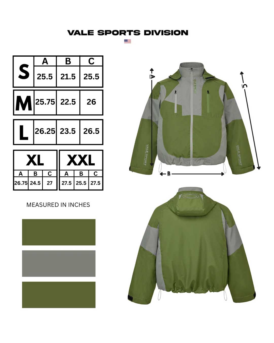 Vale Forever Touch Grass Jacket jungle green, Vale Sports Division size chart in inches