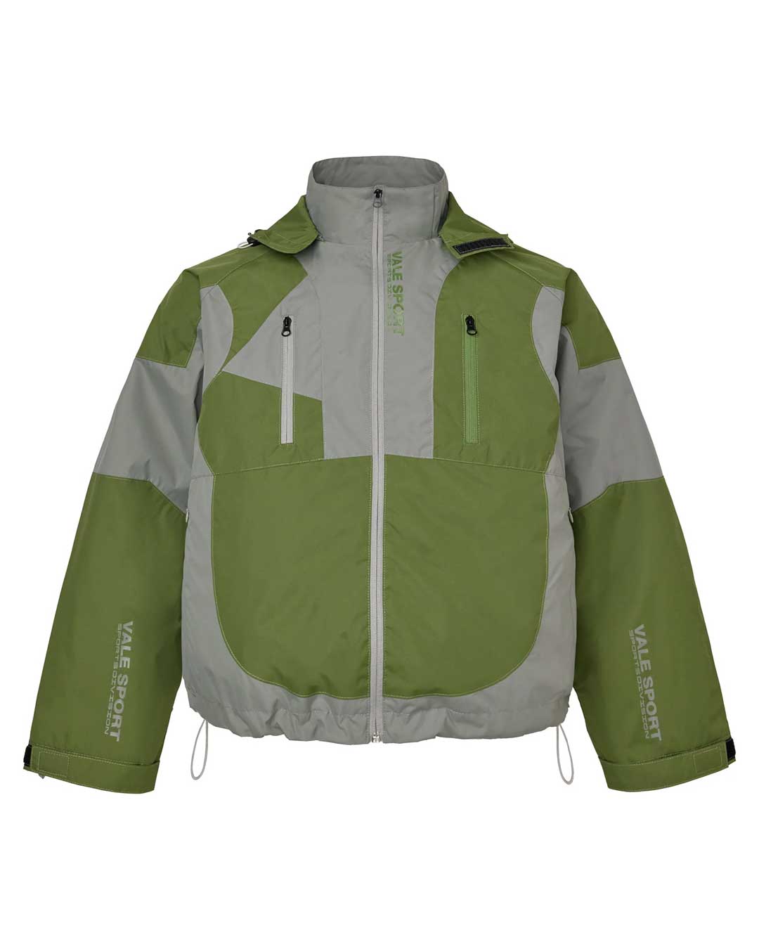 Vale Forever Touch Grass Jacket jungle green, colour-blocked hooded nylon jacket in green and grey with zip chest pockets, front view