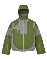Vale Forever Touch Grass Jacket jungle green, front view with the hood worn up showing the collar and drawcords
