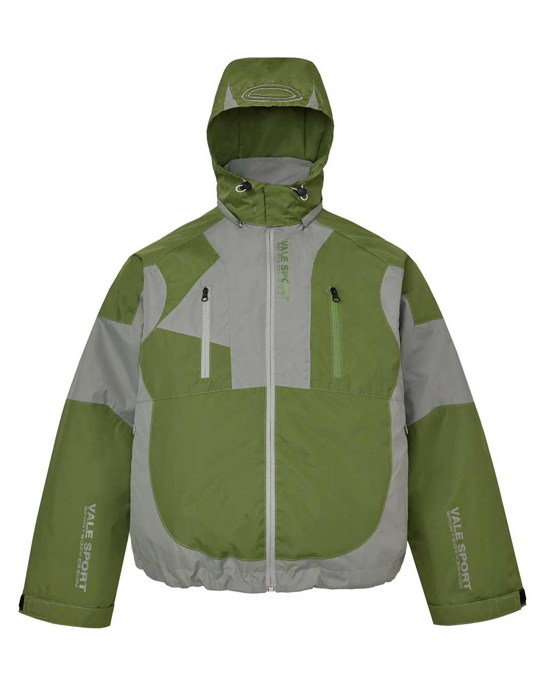 Vale Forever Touch Grass Jacket jungle green, front view with the hood worn up showing the collar and drawcords