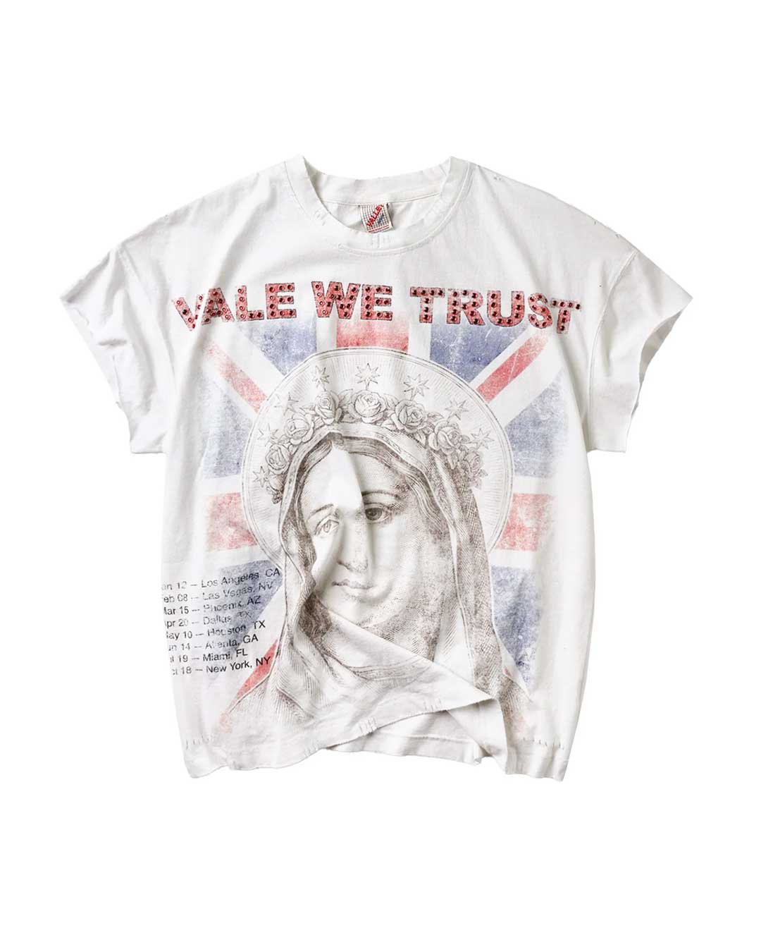 Vale Forever Trust Muscle Tee white, white tee with a rhinestone VALE WE TRUST arch over a faded flag and icon portrait, front view