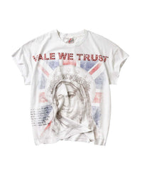 Vale Forever Trust Muscle Tee white, white tee with a rhinestone VALE WE TRUST arch over a faded flag and icon portrait, front view