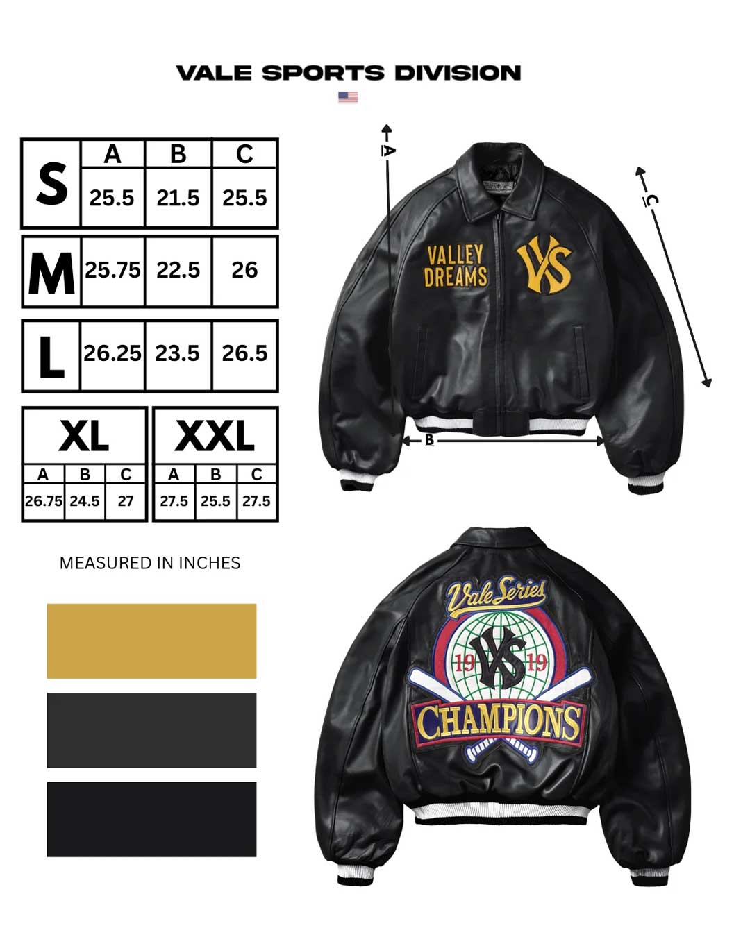 Vale Forever VS Champion Bomber black, Vale Sports Division size chart with S to XXL measurements in inches
