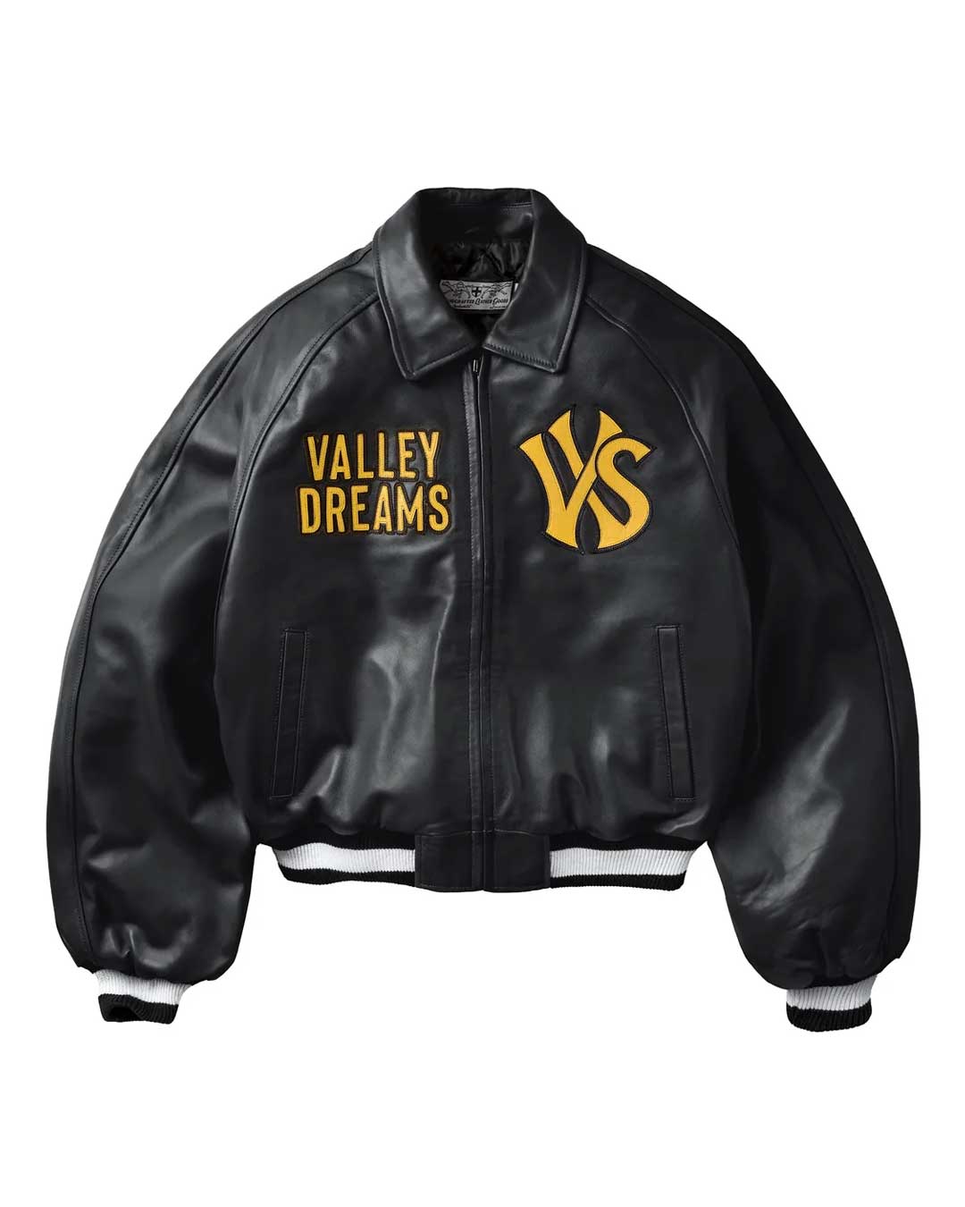 Vale Forever VS Champion Bomber black, leather varsity jacket with gold Valley Dreams lettering and VS logo, front view