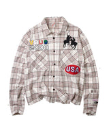 Vale Forever VSU 2000 Flannel brown, cream and brown plaid flannel with VSU 2000 lettering, equestrian embroidery and red USA patch, front view