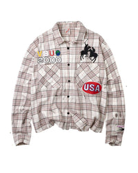 Vale Forever VSU 2000 Flannel brown, cream and brown plaid flannel with VSU 2000 lettering, equestrian embroidery and red USA patch, front view