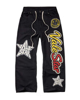 Vale Forever Vale Fest Denim black, baggy denim with metallic Vale Star lettering, stars and smiley patch, front view