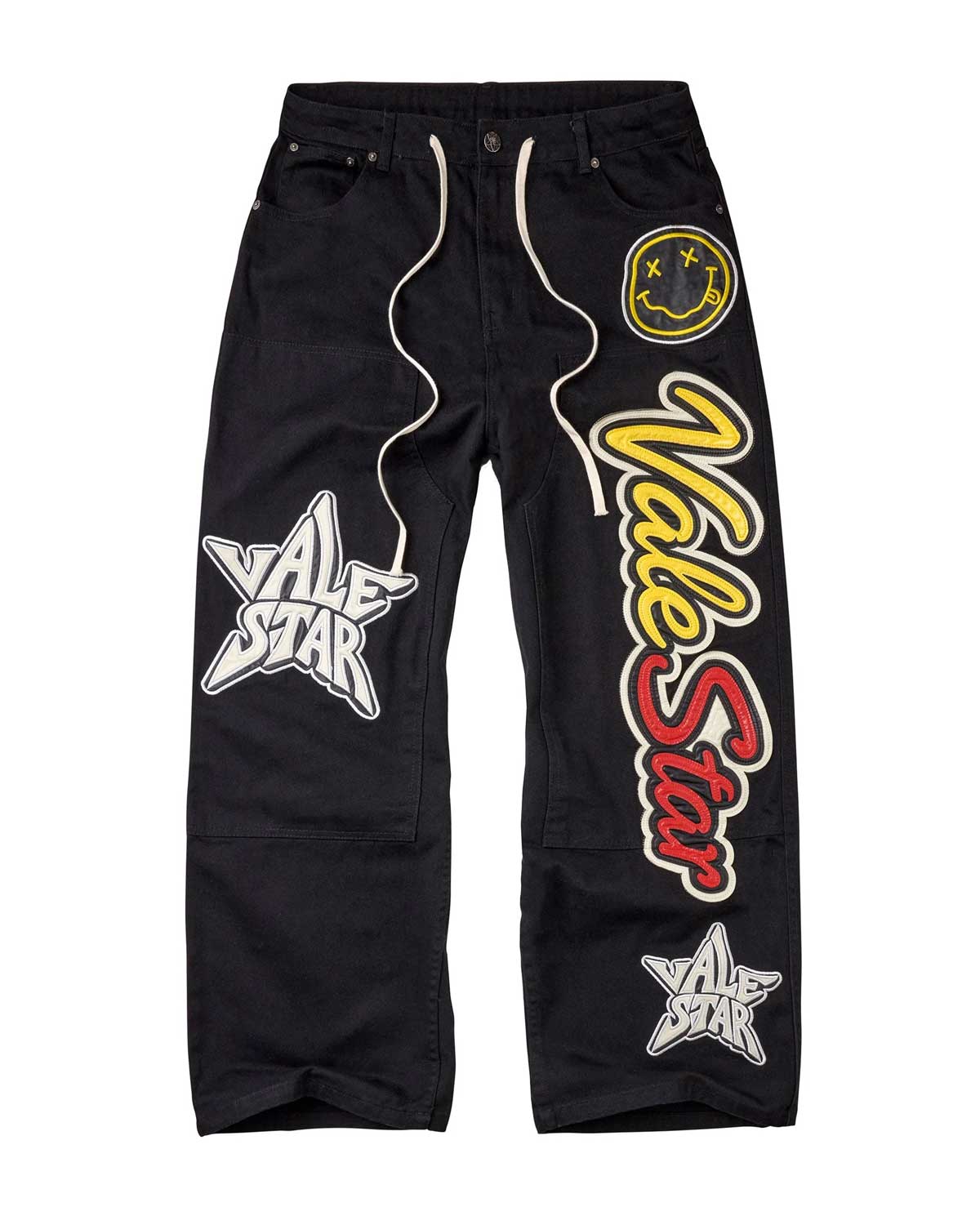 Vale Forever Vale Fest Denim black, baggy denim with metallic Vale Star lettering, stars and smiley patch, front view