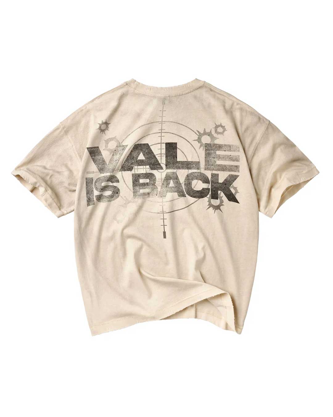 Vale Forever Vale is Back Tee cream, full-width stencilled Vale is Back crosshair graphic, back view