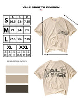 Vale Forever Vale is Back Tee cream, size chart with measurements in inches