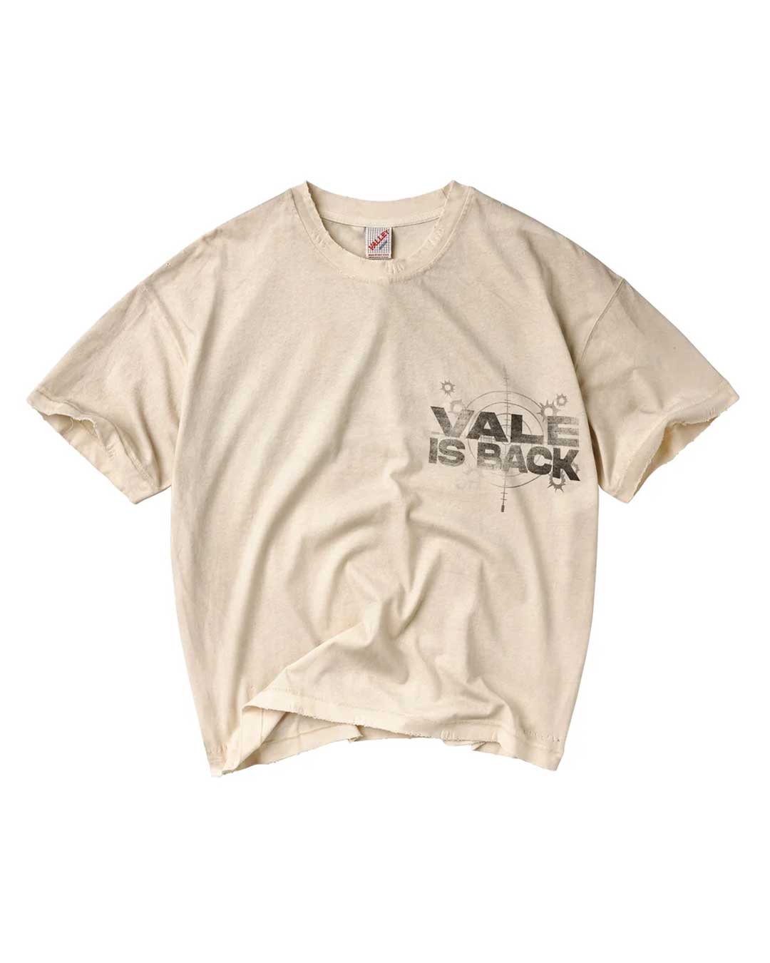 Vale Forever Vale is Back Tee cream, small stencilled Vale is Back chest hit, front view