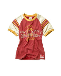 Vale Forever Valemont Femme Tee red, fitted raglan tee with cream sleeves and Valmont Athletic Dept lettering, front view
