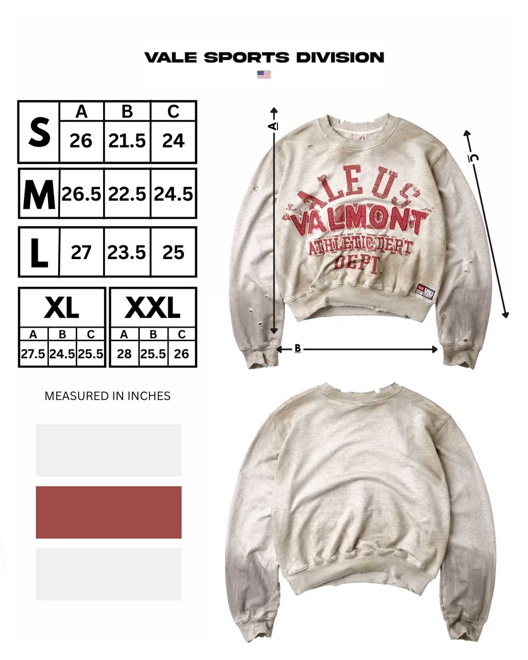 Vale Forever Valemont Pullover Crewneck grey, size chart with measurements