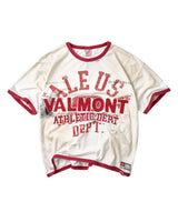 Vale Forever Valemont Ringer Tee white, cream ringer tee with red collegiate lettering, front view