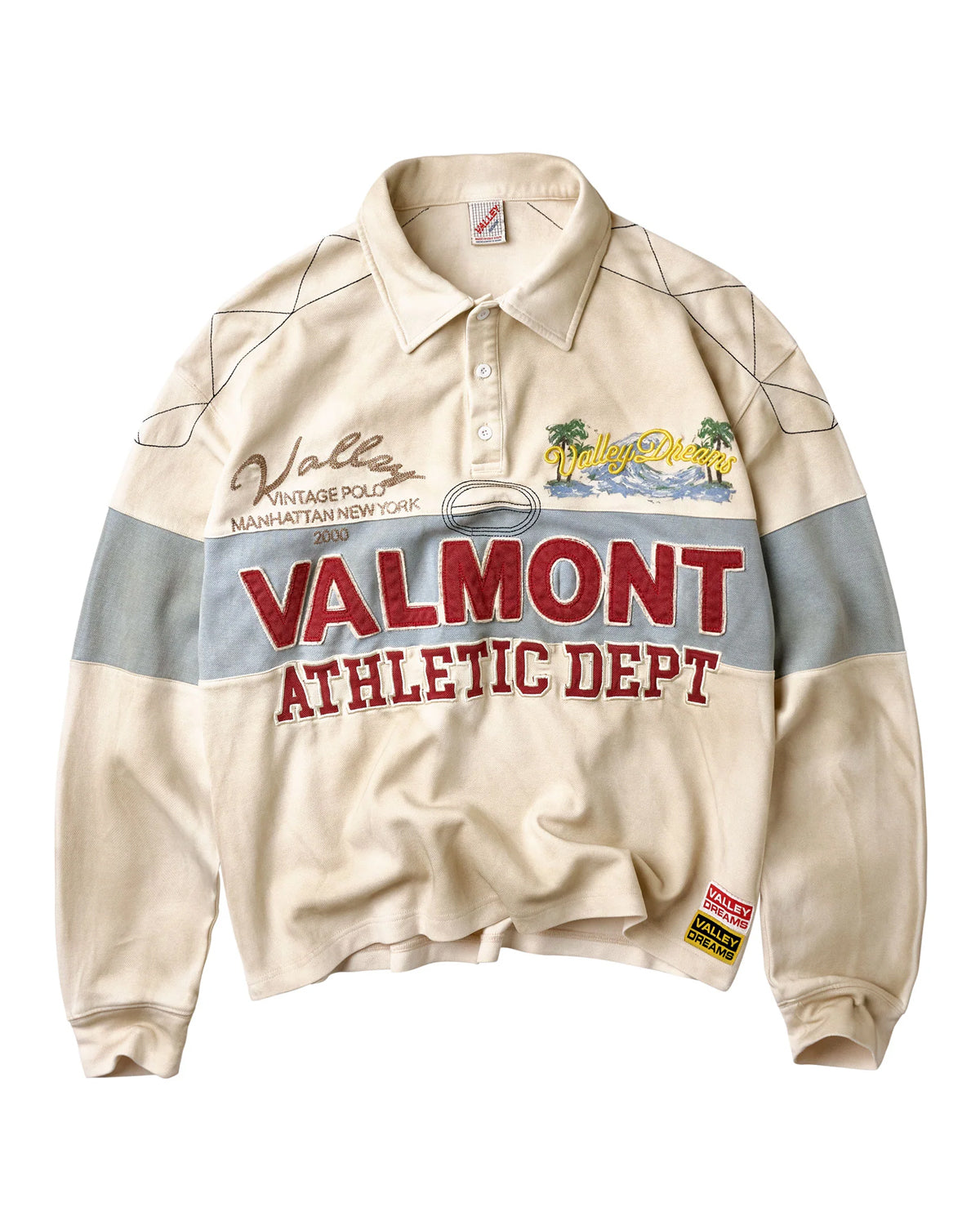 Vale Forever Valemont Rugby cream, rugby shirt with sky-blue stripe and Valmont Athletic Dept lettering, front view