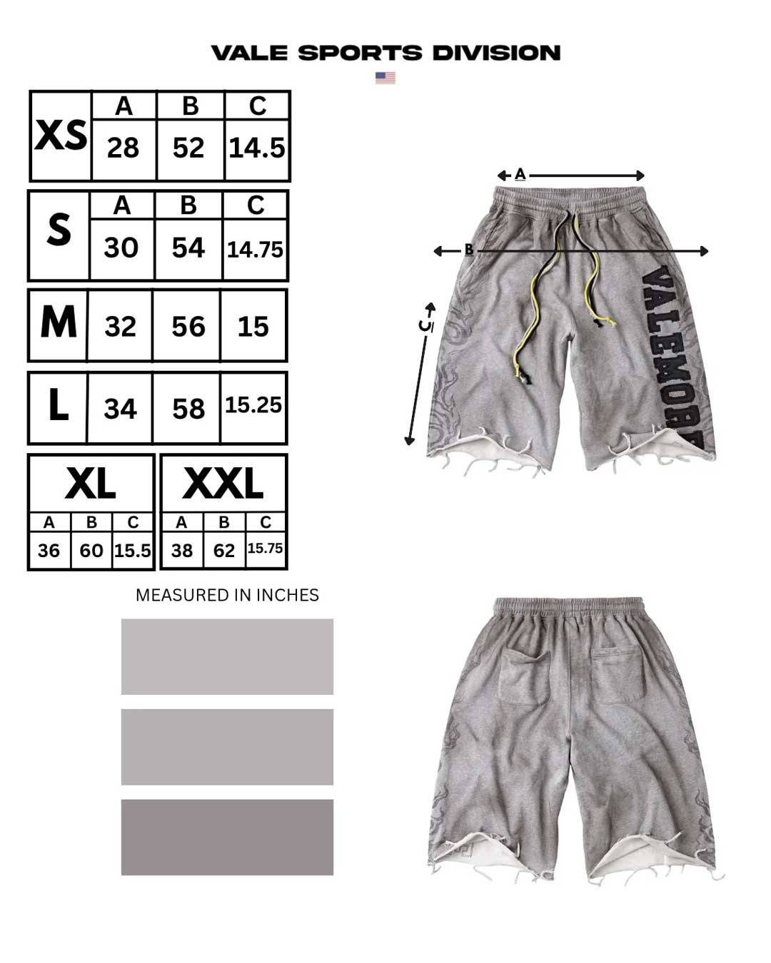 Vale Forever Valemore 3/4 Shorts grey, Vale Sports Division size chart in inches for XS through XXL
