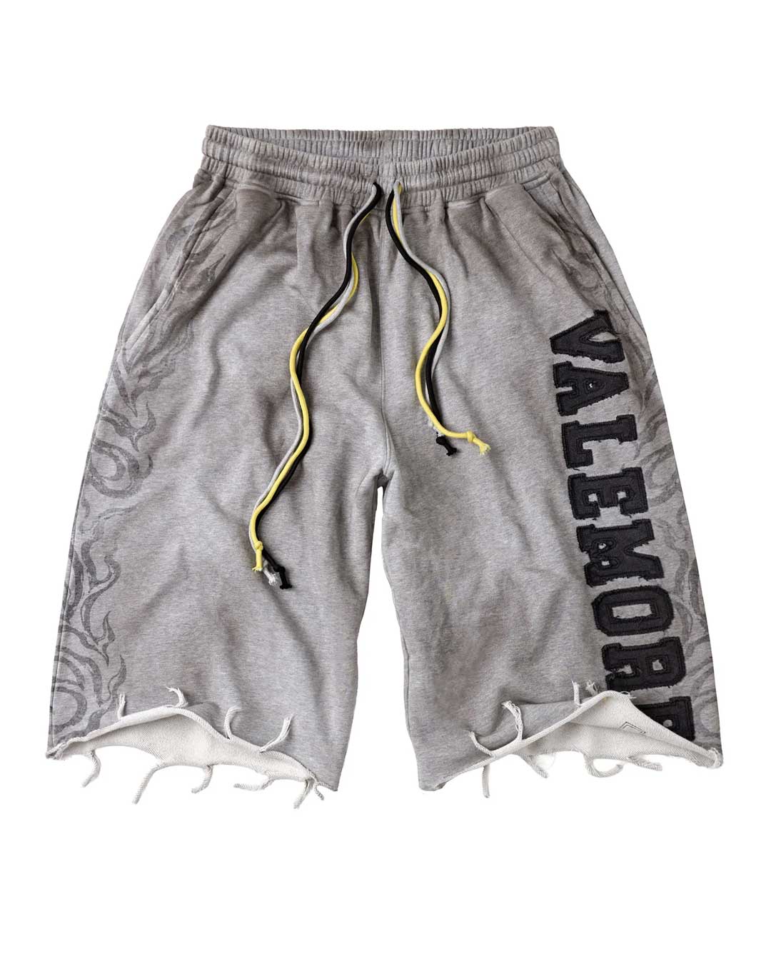 Vale Forever Valemore 3/4 Shorts grey, washed French terry sweat shorts with VALEMORE down the leg and a thrashed raw hem, front view