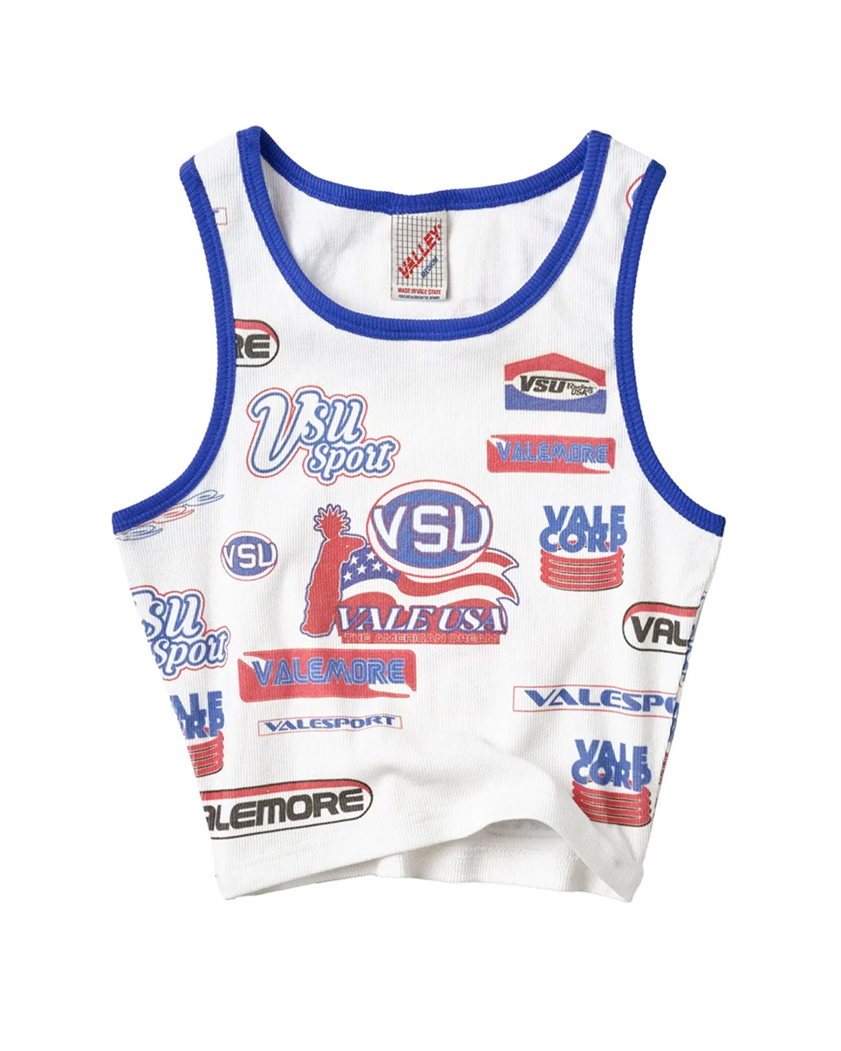 Vale Forever Valemore Femme Tank white, cropped ribbed tank with blue trim and all-over logo print, front view