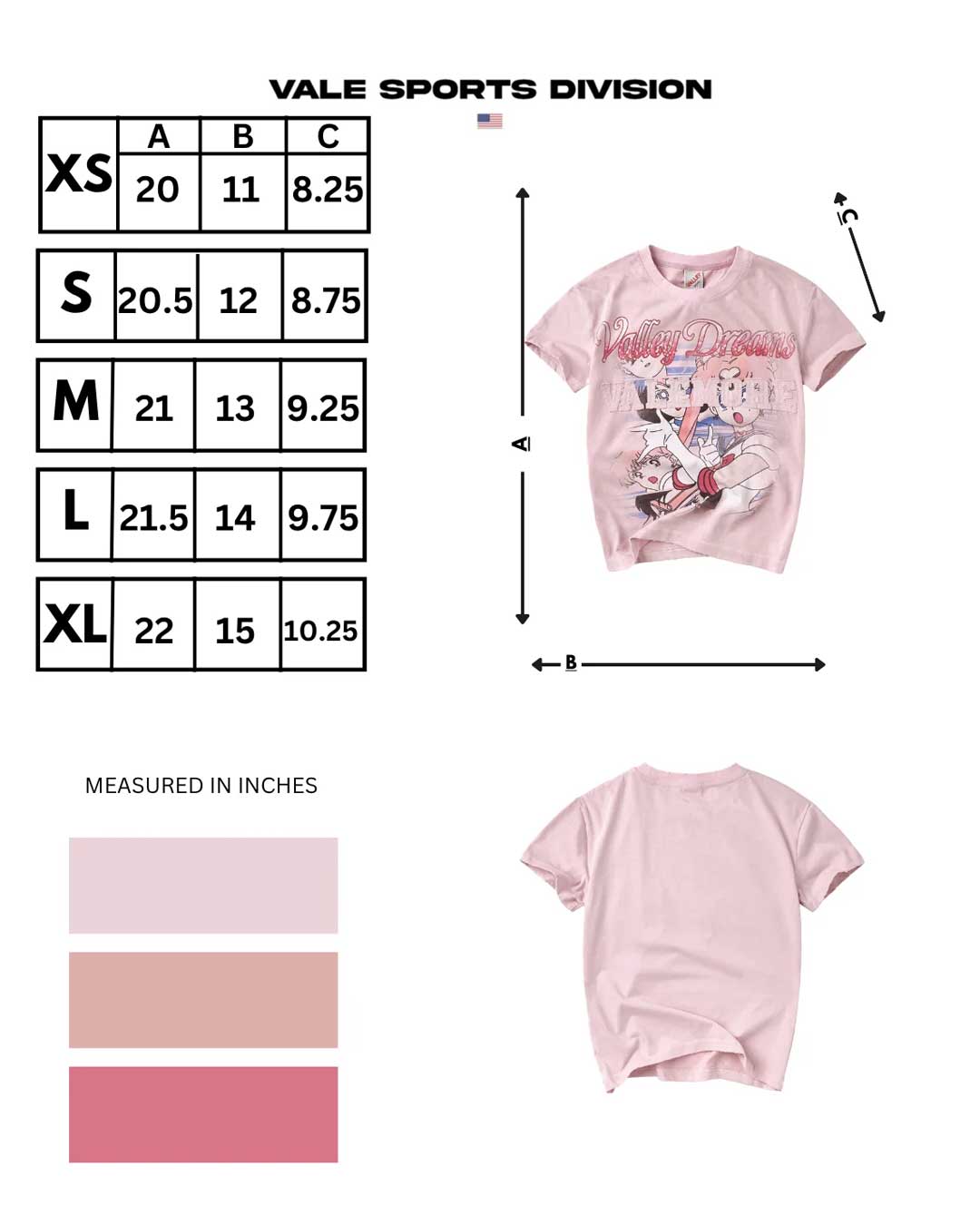 Vale Forever Valemore Femme Tee pink, size chart with measurements in inches