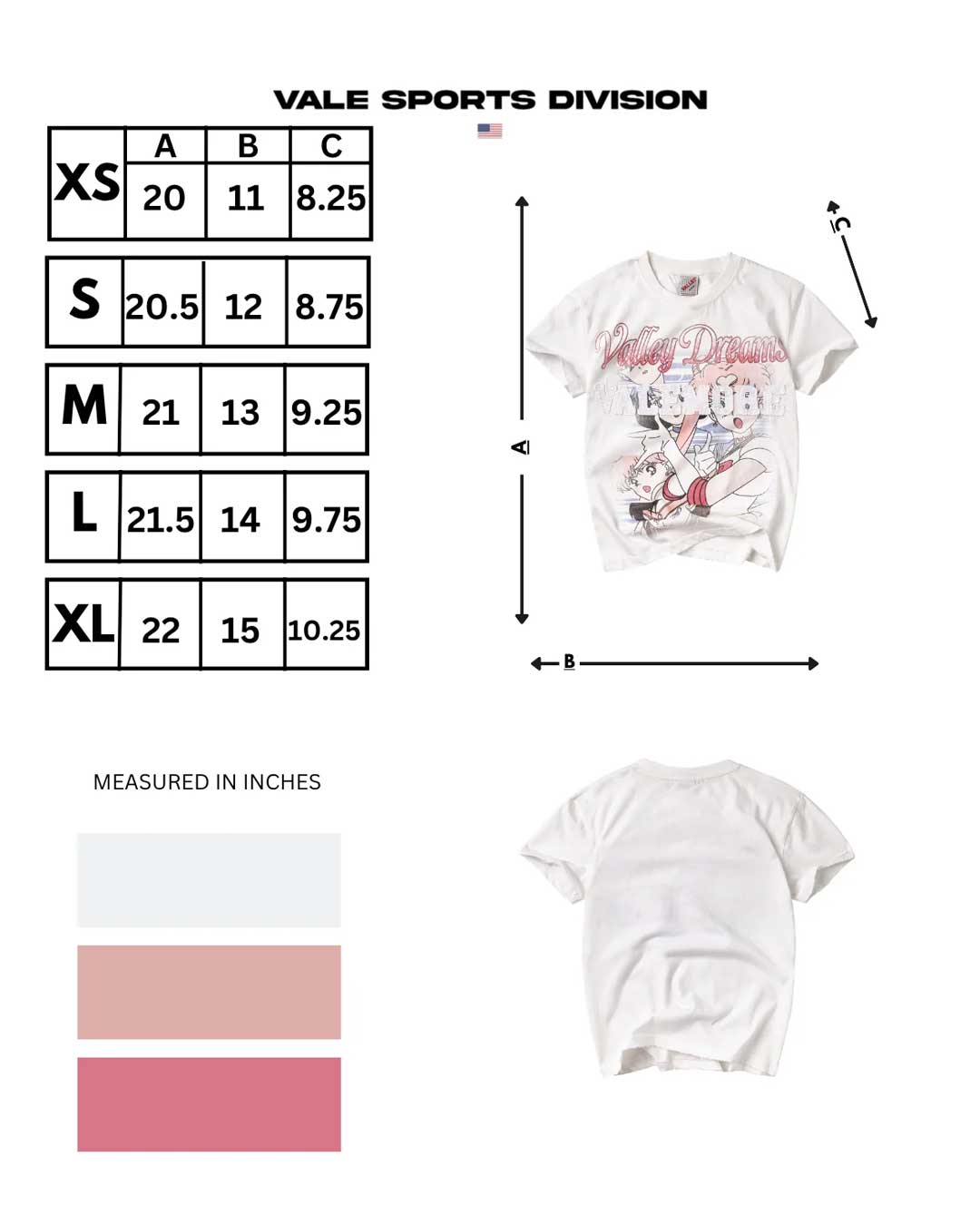 Vale Forever Valemore Femme Tee white, size chart with measurements in inches