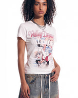 Vale Forever Valemore Femme Tee white, cropped on-body view of the Valley Dreams script and illustrated pin-up graphic at the chest