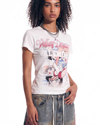 Vale Forever Valemore Femme Tee white, cropped on-body view of the Valley Dreams script and illustrated pin-up graphic at the chest
