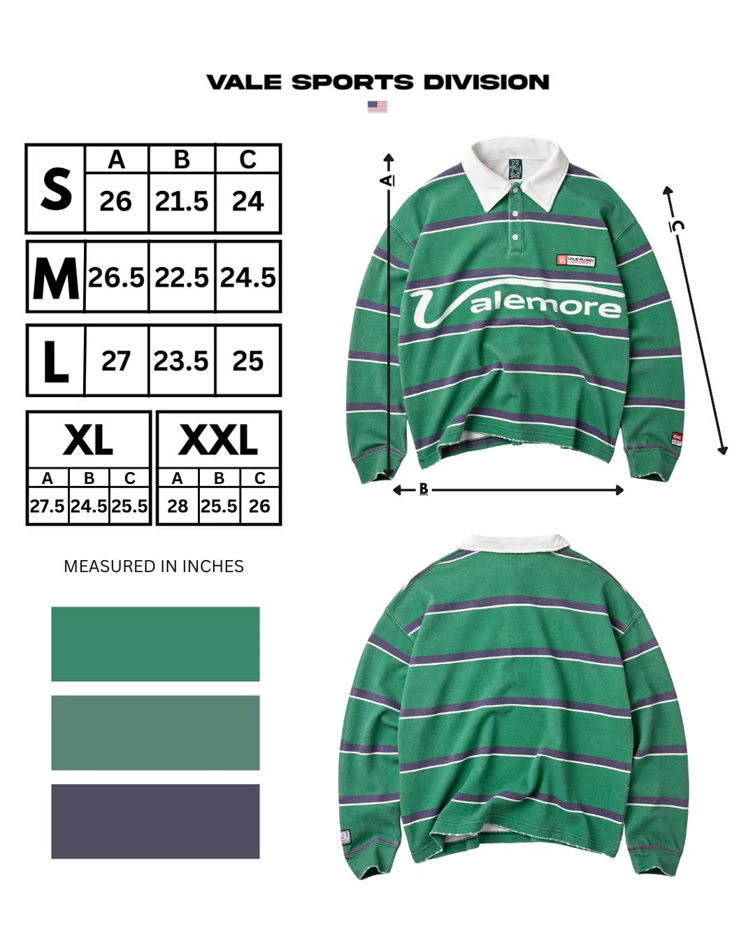 Vale Forever Valemore Rugby green, size chart with measurements