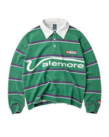 Vale Forever Valemore Rugby green, striped rugby shirt with white collar and Valemore script, front view