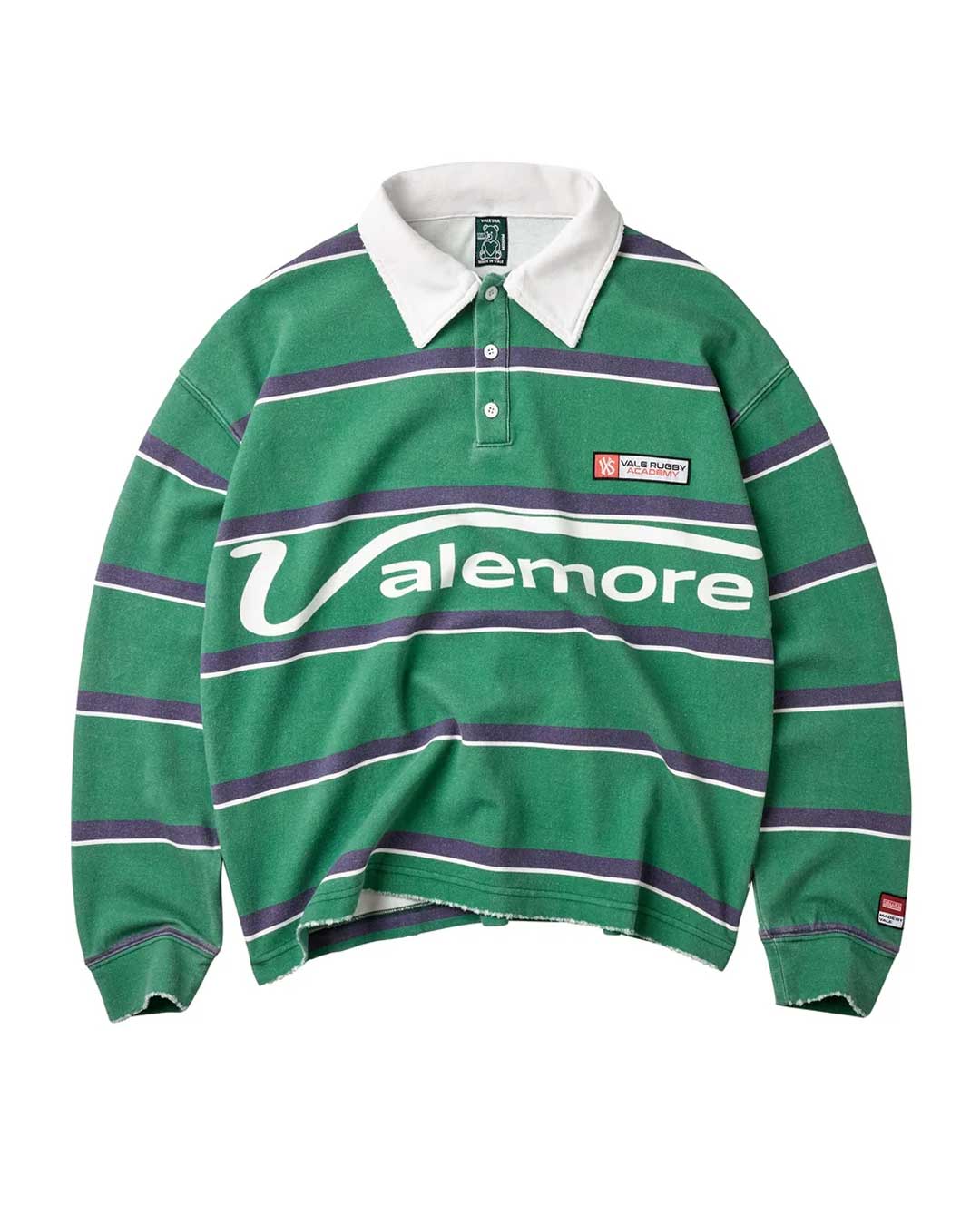 Vale Forever Valemore Rugby green, striped rugby shirt with white collar and Valemore script, front view