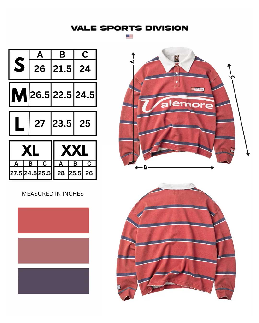 Vale Forever Valemore Rugby red, size chart with measurements