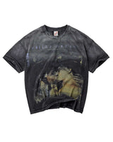 Vale Forever Valley Dream Tee Black, heavily washed black t-shirt with faded painterly portrait graphic, front view