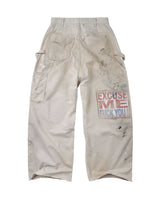 Vale Forever Vickies Painters Cargos cream, back view showing patch pockets, side tool pocket and a stamped red and blue slogan box on the thigh