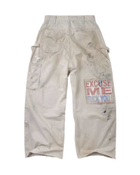 Vale Forever Vickies Painters Cargos cream, back view showing patch pockets, side tool pocket and a stamped red and blue slogan box on the thigh
