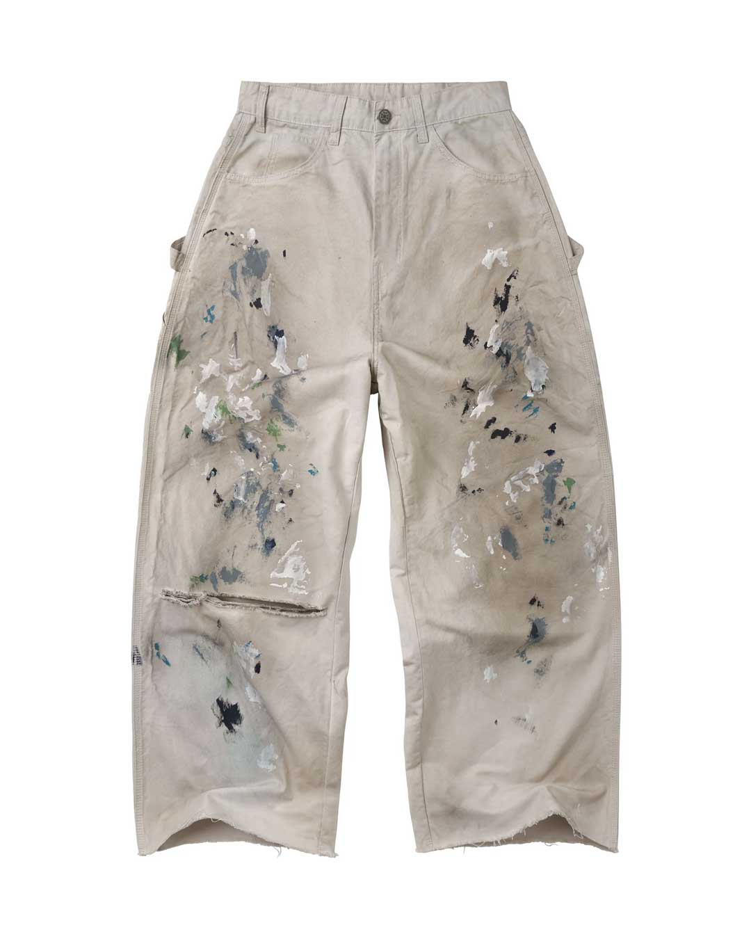 Vale Forever Vickies Painters Cargos cream, baggy cotton canvas carpenter pants with layered paint splatter and frayed raw hems, front view
