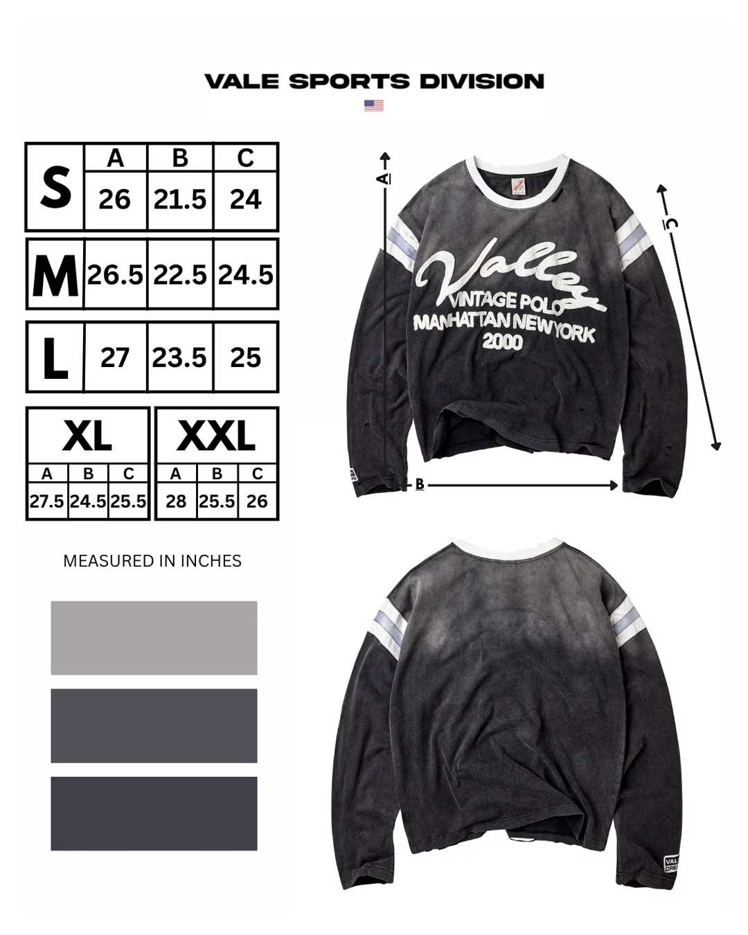 Vale Forever Vintage Jersey L/S black, size chart with measurements