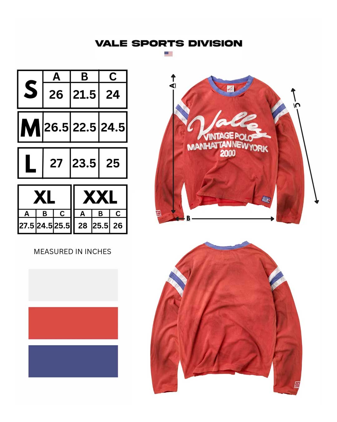 Vale Forever Vintage Jersey L/S red, size chart with measurements