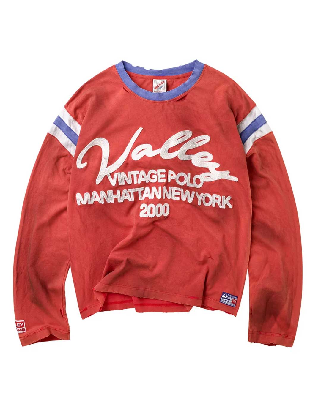 Vale Forever Vintage Jersey L/S red, faded long sleeve with white Vale script graphic and striped sleeves, front view