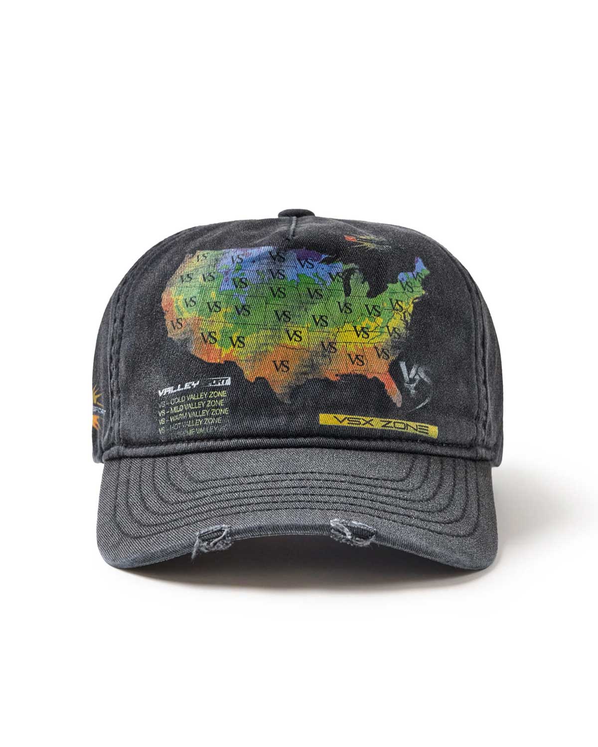Vale Forever Weatherman Cap black, washed cap with a colour-coded US weather-map print and yellow VSX ZONE tab, front view