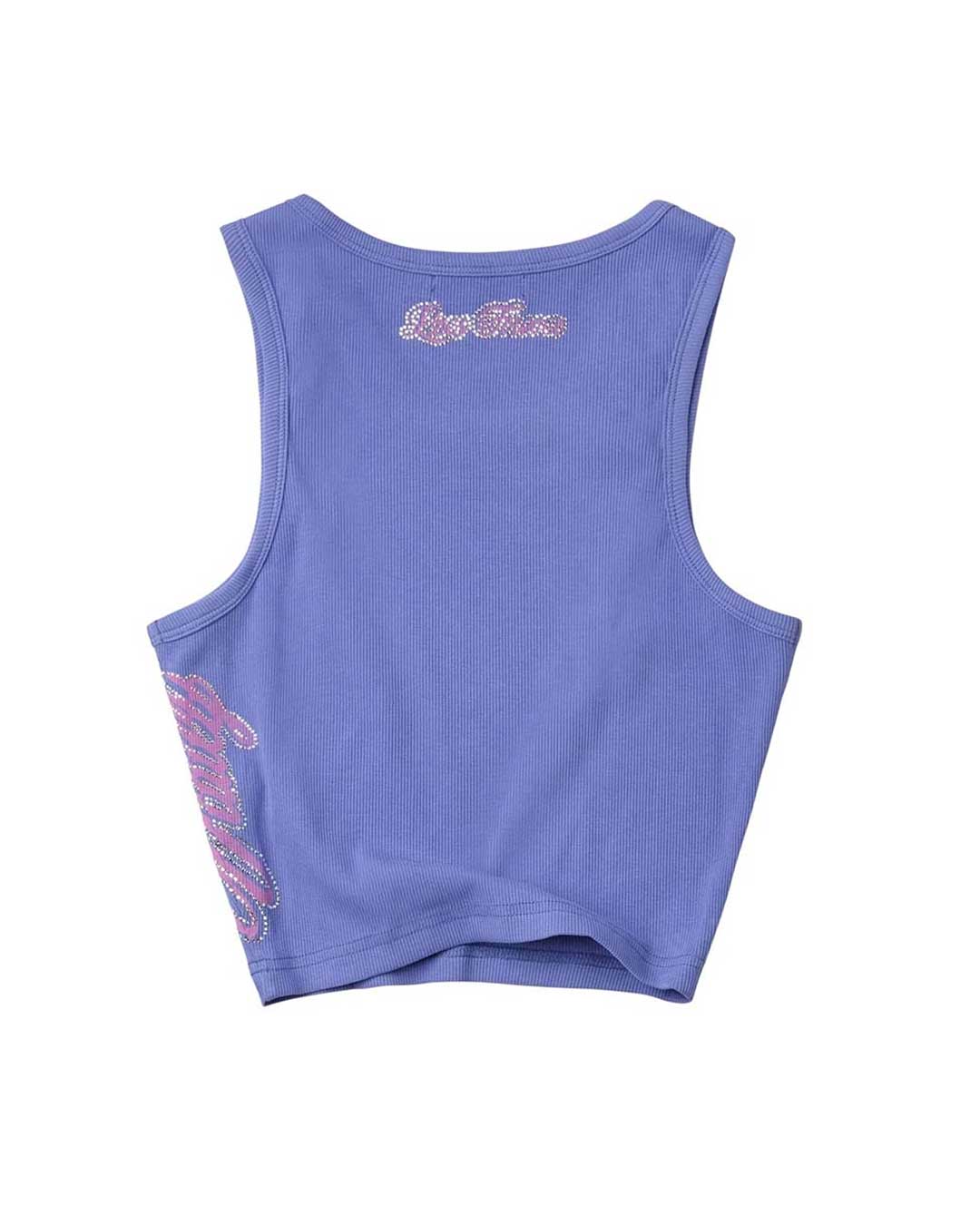 Vale Forever Women's Valley Bling Tank blue, back view with a rhinestone Vale Forever script across the upper back