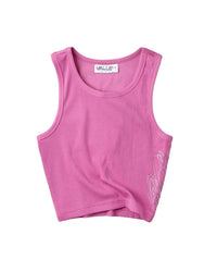 Vale Forever Women’s Valley Bling Tank bubblegum pink, ribbed cropped tank with a rhinestone hip script, front view